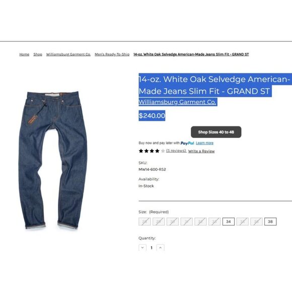 Williamsburg Garment Company Jeans‎ Mens 33X30 Japanese Selvedge Denim - Picture 1 of 14